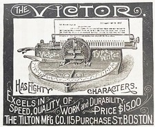 THE VICTOR 80 Character/Keys Old Office Typewriter Tilton Mfg Co. 1890 Print Ad! thumbnail