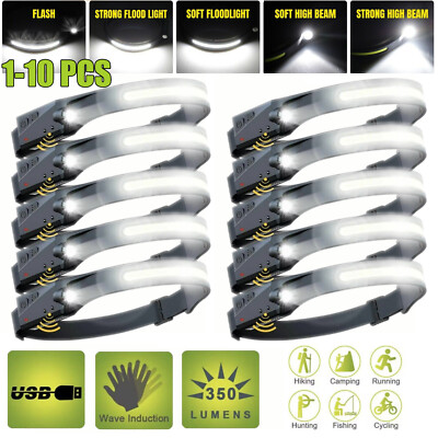 1-10X COB+LED Motion Sensor Headlamp USB Rechargeable Headlight Torch Flashlight