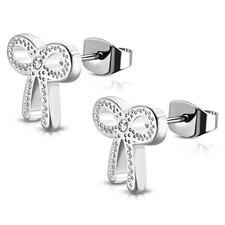 Stainless Steel Infinity Bow Ribbon Cubic Zirconia Stud Post Piercing Earrings