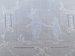 Sweet Vintage Flat Crib Size Bed Sheet Blue Bunnies Cutwork Embroidery Cotton