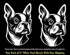 Boston Terrier Two 5" White Vinyl Decals Car Truck Bumper Door Any Flat Sur
