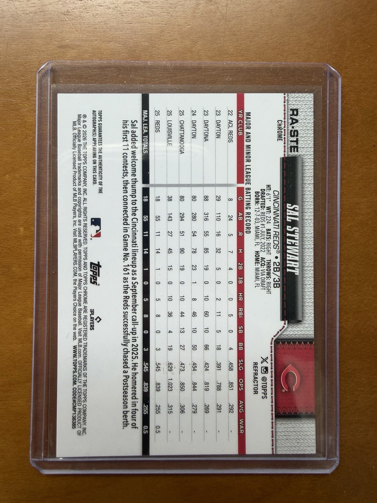 2026 Topps Chrome Sal Stewart Refractor Auto /499 view 2