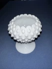 Vintage Fenton Milk Glass Hobnail Crimped Edge Pedestal Bowl
