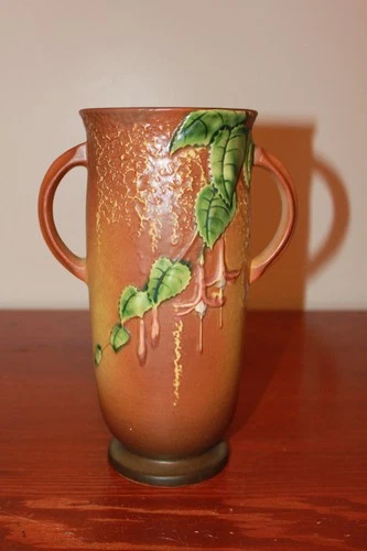Roseville Fuchsia 900-9 Vase 1930s Double Handle Brown Yellow Matte Glaze