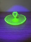 Vintage Green Uranium Depression Glass Trinket Dish w/Heart Handle GLOWS!