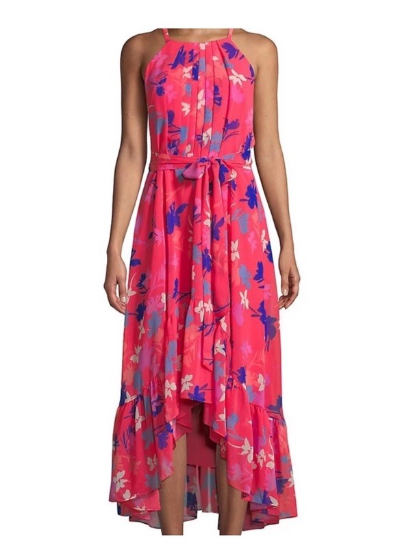 vince camuto halter floral chiffon dress Pink Coral Printed High-Low Size 6P flutter sleeve satin dress
