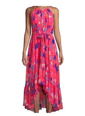 Vince Camuto Pink Coral Floral Printed Chiffon Halter High-Low Dress Size  6P | eBay