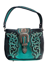 NWOT Montana West Western-Style Handbag Buckle Floral Design Green/Black