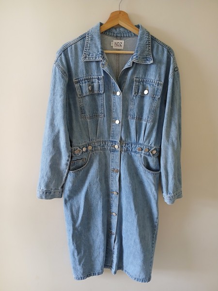 NDZ Nasty Dreamz Denim Dress sz L Aus 14 Light Blue Midi Longsleeve Button Front