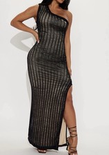 Women's Black One-Shoulder Crochet Maxi Dress Knit Stretch Side Slit 