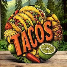 Vintage Mexican Tacos & Lime Colorful Aluminum Wall Art - TACOS Bold Letters,Vib