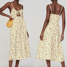 MADEWELL Soren Silk Floral Midi Sundress Size 6 Cutout Tie Front Smocked Yellow
