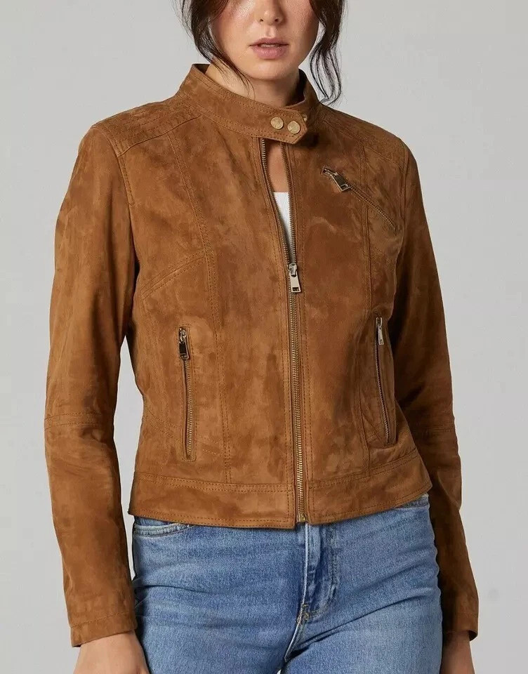 Mujer Marrón Camel Gamuza Cuero Motocicleta Camisa Estilo Camionero Chaqueta