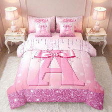 Pink Bow Girls Twin Bedding Set 7 Pieces for Kids Teens Room