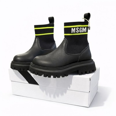 MSGM Kids Calf Leather Knit Logo Elastic Bootie Pull-on Lugged 69169 Size 28 EU