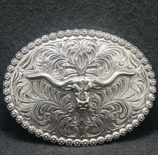 XE15122 VINTAGE 1970s LONGHORN STEER HEAD WESTERN ANIMAL ARTWORK BELT BUCKLE