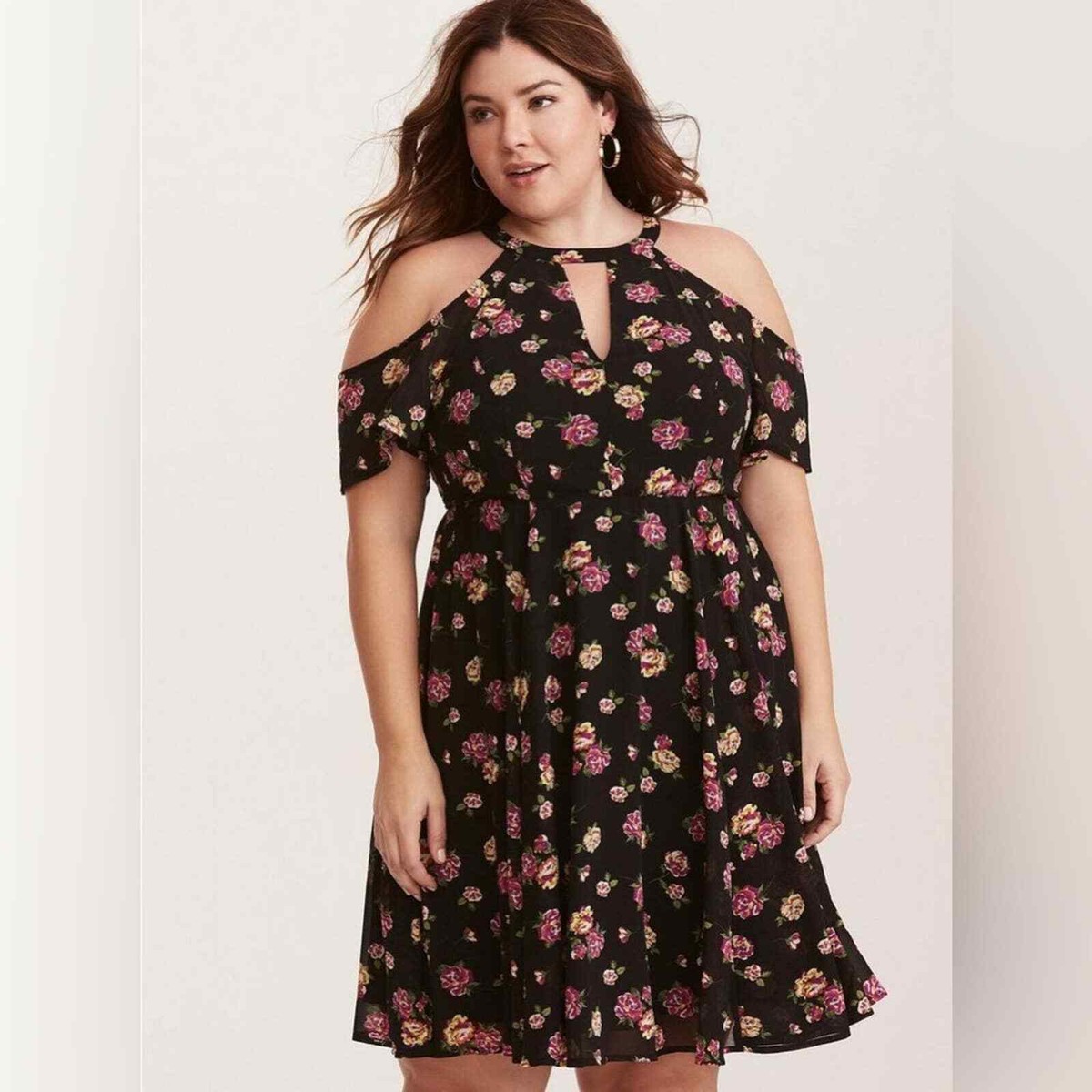Torrid Multi-Color Floral Print Chiffon Cold Shoulder V-Neck Dress