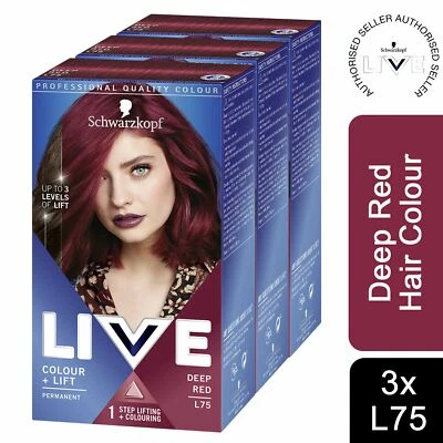 3x Tinte permanente para el cabello Schwarzkopf Live Color+Lift, L75 rojo profundo con suero