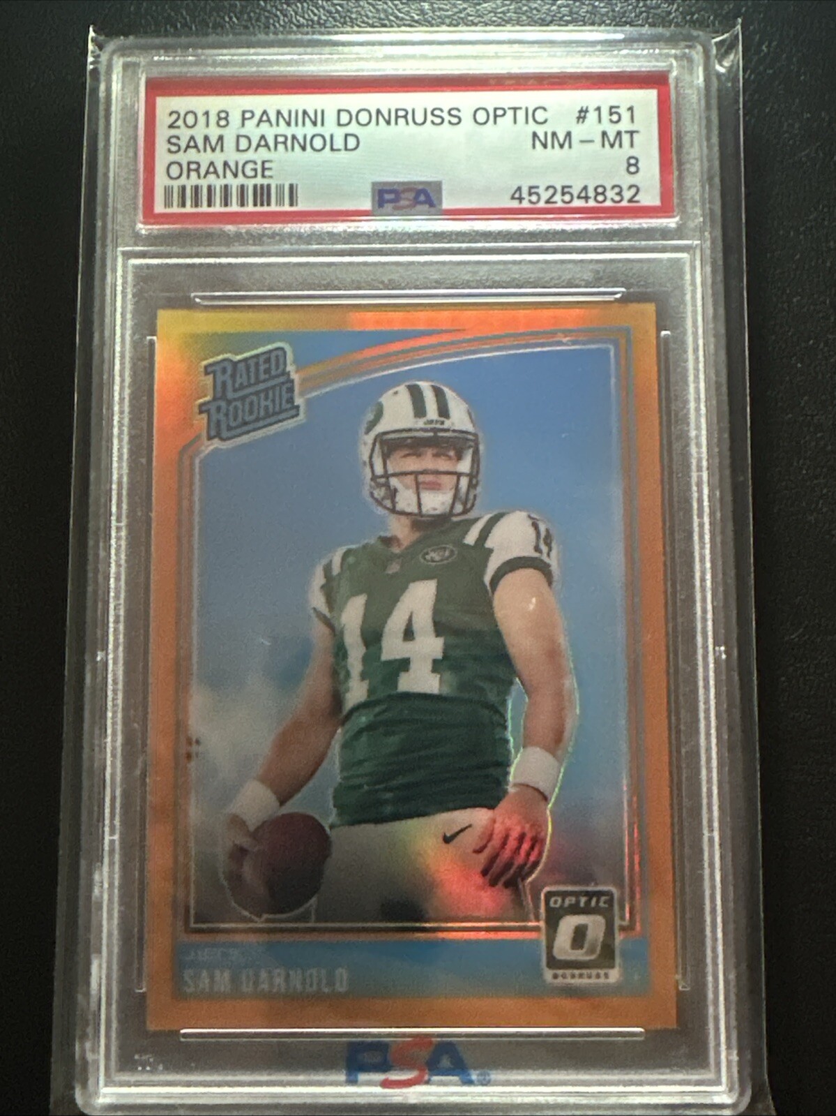 2018 Donruss Optic Sam Darnold Rated Rookie Orange Prizm RC #109/199 PSA 8