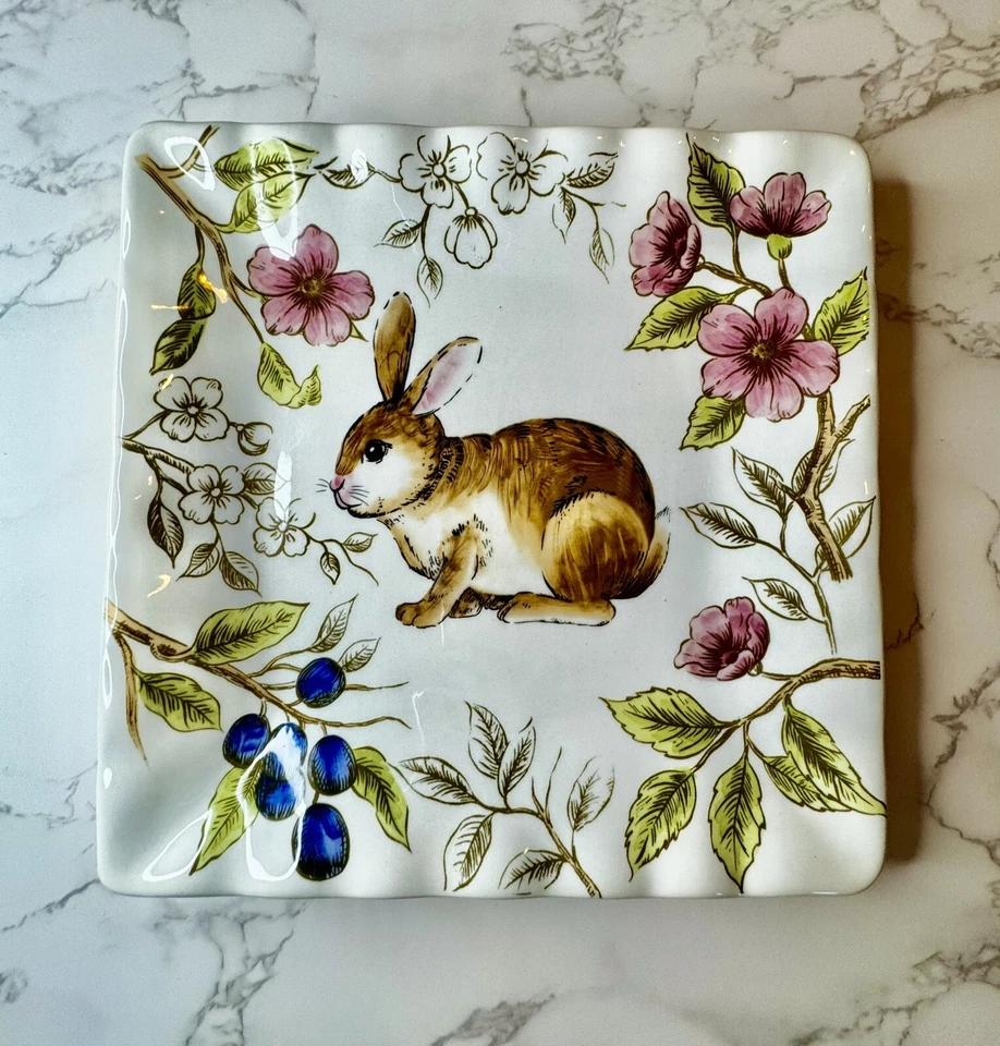 Maxcera Conejo Conejo Floral Borde Festoneado Cuadrado Postre Aperitivo Ensalada Plato Foto 2 de 4