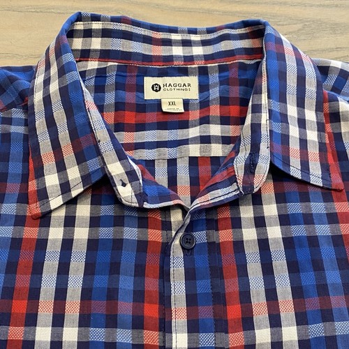 HAGGAR Clothing Red White & Blue Plaid Mens Sz XXL Long Sleeve Button