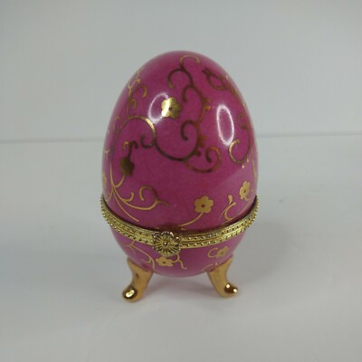 Chinese Handmade Porcelain Victorian Floral Egg Shaped Jewelry Trinket Pill Box.