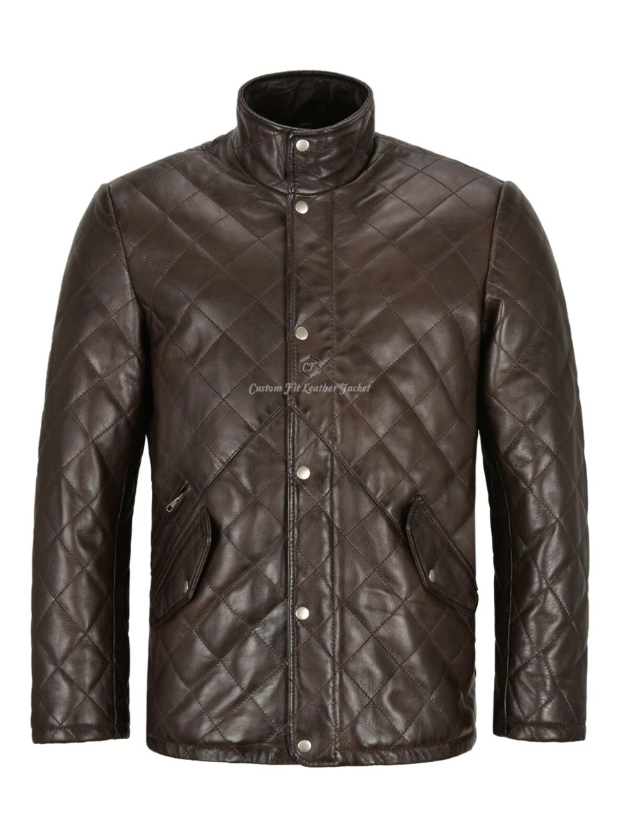 Men s Quilted Leather Jacket Brown Classic Real Lambskin 70 s