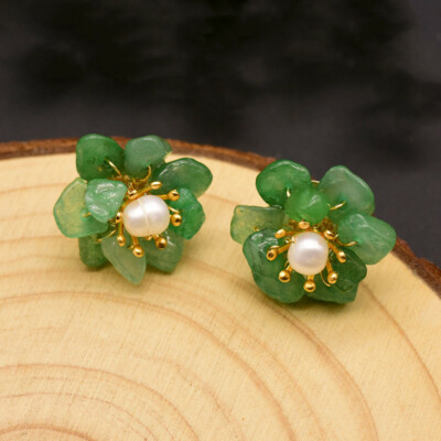 Flower Jade And Pearl Earrings Natural Jade Pearl Stud Earrings