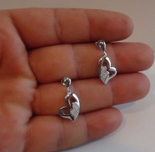 925 STERLING SILVER HEART DANGLING EARRINGS W/ .75 CT LAB STONES /25mm by 12mm