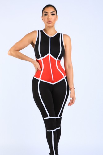 Women's Casual Front Zip Contrast Piping Color Blocked Sleeveless Sexy Jumpsuit - Picture 10 of 10
