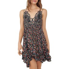 Free People Adella Printed Mini Slip Dress Black Combo XS Extra Small 4 6 BNWT