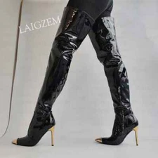 Women Thigh High Boots Side Zip Patchwork Thin High Heels Boots Over Knee Shoes