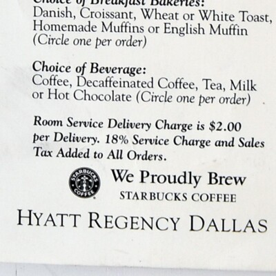 1990s Hyatt Regency Dallas Room Service Restaurant Menu 300 Reunion Blvd Texas