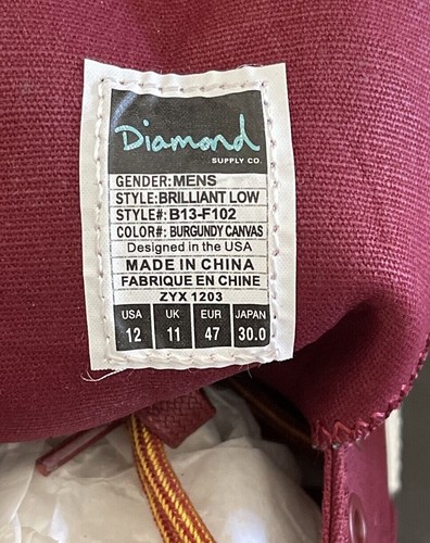 Diamond Supply Co. Burgundy Low Tops (B13-F102) Men Shoes Size 12 - Picture 2 of 9