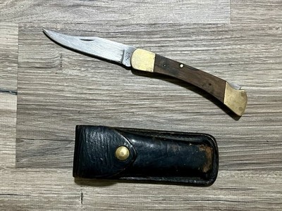 Vintage Buck 110 Folding Lockback Pocket Knife with Inverted Tang Stamp & Sheath