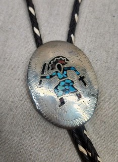 Gorgeous Apache Crown Dancer Turquoise Chip Bolo Tie Unsigned