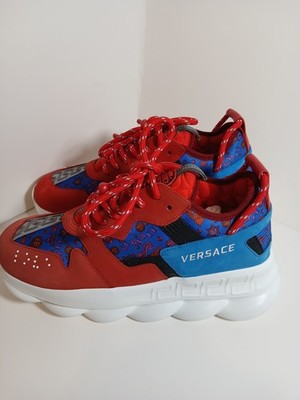 Versace Red Blue Barocco Chain Reaction Sneakers Size 42 US 9 MADE IN ITALY NEW