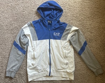 EA7 Emporio Armani Full Zip Hoodie Mens Medium White Blue Grey Colorblock