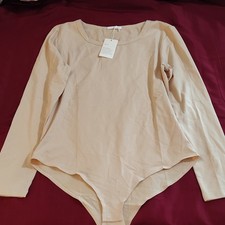Women s Beige One Piece Bodysuit XL Regular Stretch Opaque Solid Snap Wireless