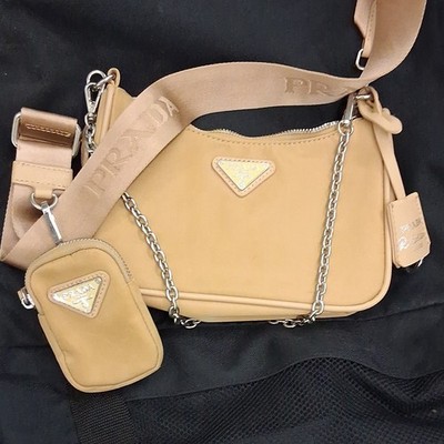 PRADA Re-Edition Beige Small Shoulder Bag Chain Pouch Zip Detachable Strap