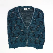 Vintage Sostanza Fashion Police Cardigan Sweater Size Large Blue