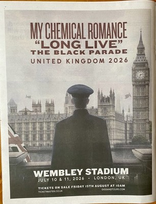 My Chemical Romance Live London Tour 2026 Ad Newspap Advert Poster 14x11 ROLLED