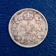 1919 Canada Silver 5 Cents, KM #22, F Details, Cleaned, George V Half Dime L86