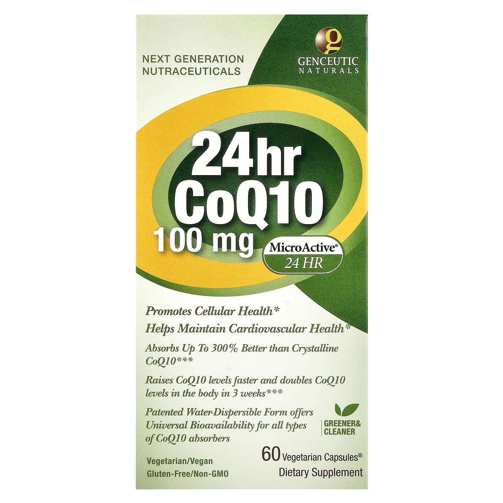 Genceutic Naturals CoQ10 24 часа 100 мг 60 капсул V без глютена веганский 6590₽
