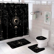 4PCS Moon Phase Shower Curtain Sets with Rugs, Waterproof Fabric Black Shower...