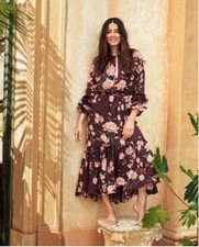H&M Johanna Ortiz x Creped Ruffled Floral Dress Small Chocolate Brown