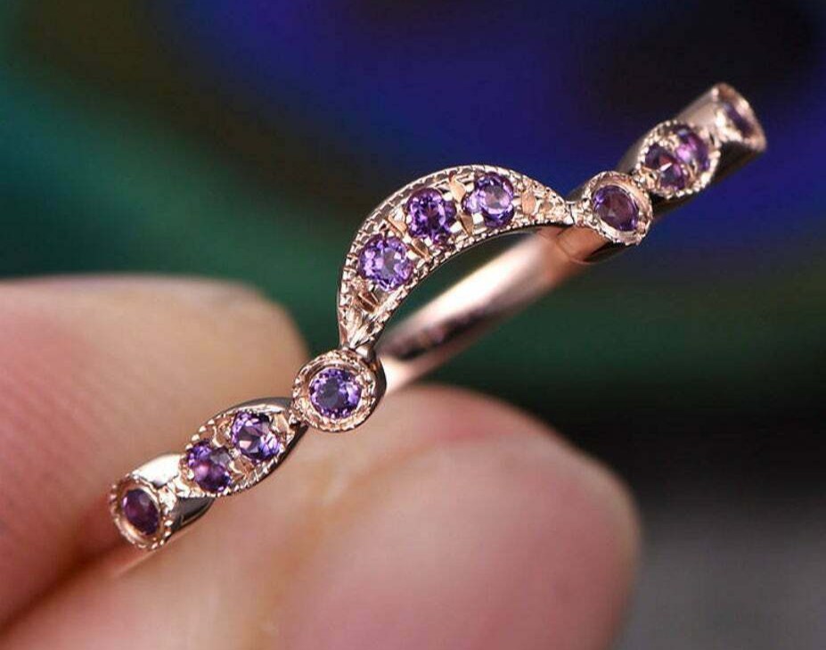 0.7ct Natural Purple Amethyst Wedding Band Half Eternity 14k SOLID Rose Gold