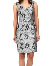 ADRIANNA PAPELL 8 Silver & Black Jacquard V-neck Sheath Dress NWT $160
