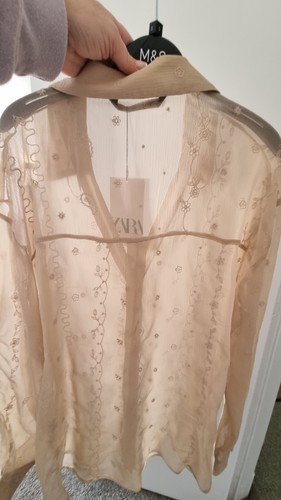 Bnwt Zara Semi-sheer Beige Embroidered Shirt Top Blouse Oversized XL Extra Large - Picture 15 of 16