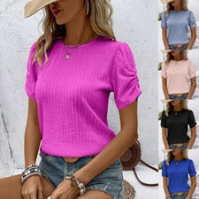 New Ladies Shirts Blouse Summer Short Ruched Sleeve Crew Neck Tops Tees